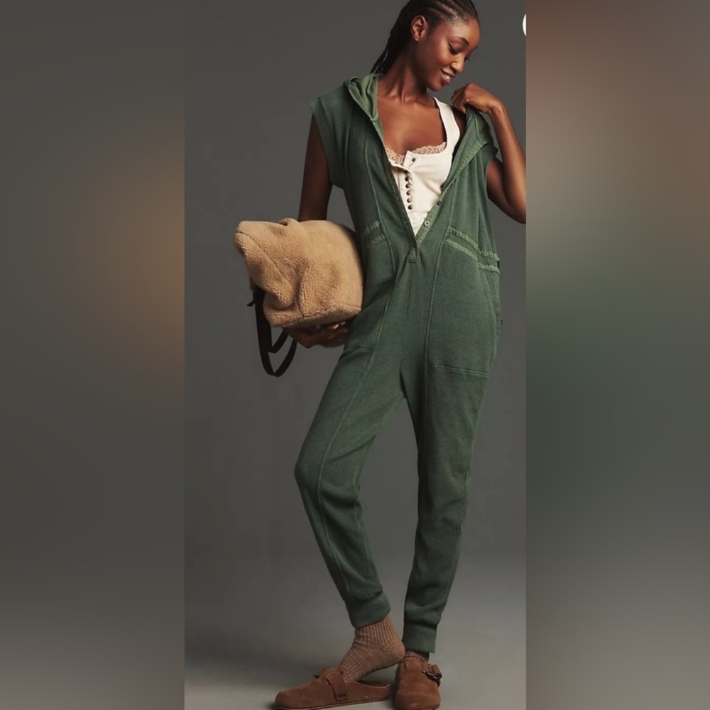 Anthropologie Daily Practice Vapor Waffle Knit Hood Jogger Jumpsuit Green Small